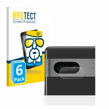 Front side of a product packaging with the brand logo BROTECT. Next to it is the device Google Pixel 7 (ONLY Camera Lens) show
