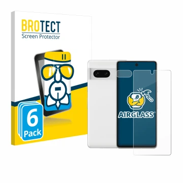 Front side of a product packaging with the brand logo BROTECT. Next to it is the device Google Pixel 7 (Front+Camera) shown wi