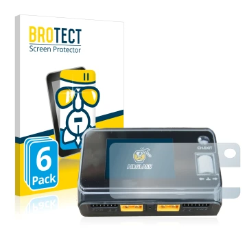 Front side of a product packaging with the brand logo BROTECT. Next to it is the device ToolkitRC M6D Dual Charger shown with 