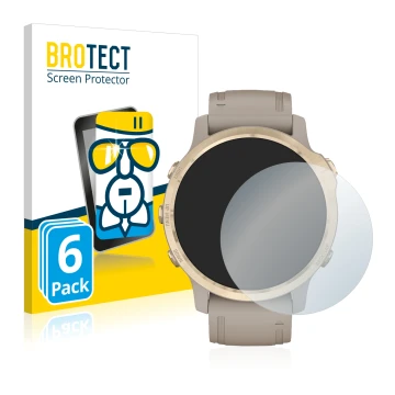 Front side of a product packaging with the brand logo BROTECT. Next to it is the device Garmin Fenix 6S Pro Solar shown with t