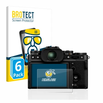 Front side of a product packaging with the brand logo BROTECT. Next to it is the device Fujifilm X-T5 shown with the correspon