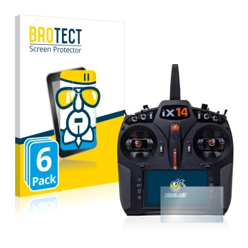 Front side of a product packaging with the brand logo BROTECT. Next to it is the device Spektrum iX14 shown with the correspon