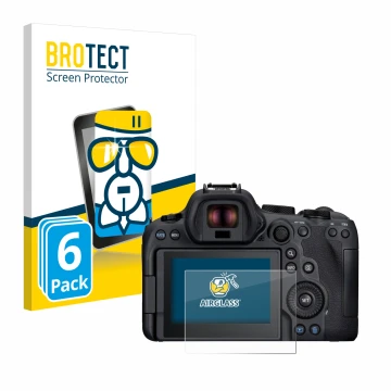Front side of a product packaging with the brand logo BROTECT. Next to it is the device Canon EOS R6 Mark II shown with the co