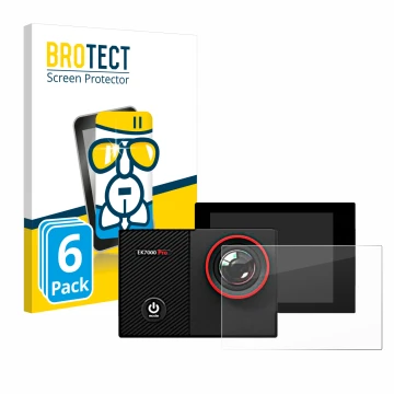 Front side of a product packaging with the brand logo BROTECT. Next to it is the device Akaso EK7000 Pro shown with the corres