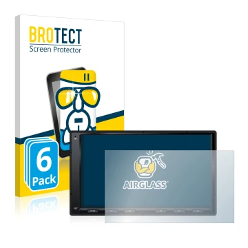 Front side of a product packaging with the brand logo BROTECT. Next to it is the device Atoto A6 PF 7 Zoll shown with the corr