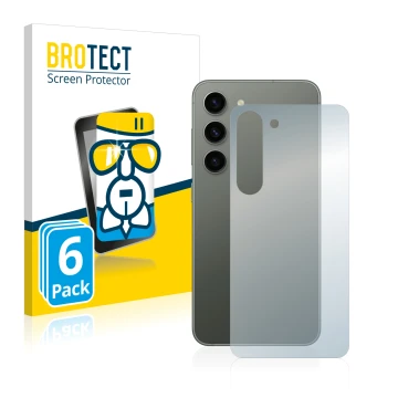 Front side of a product packaging with the brand logo BROTECT. Next to it is the device Samsung Galaxy S23 (Back) shown with t