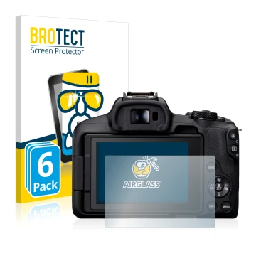 Front side of a product packaging with the brand logo BROTECT. Next to it is the device Canon EOS R50 shown with the correspon