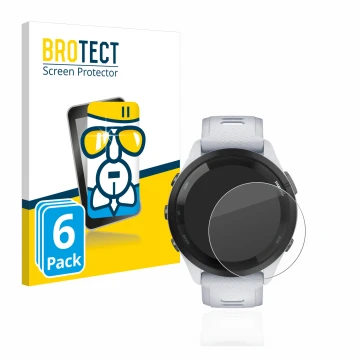 Front side of a product packaging with the brand logo BROTECT. Next to it is the device Garmin Forerunner 265 (46 mm) shown wi