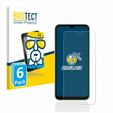 Front side of a product packaging with the brand logo BROTECT. Next to it is the device Samsung Galaxy A14 4G shown with the c