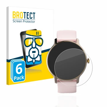Front side of a product packaging with the brand logo BROTECT. Next to it is the device Hama Fit Watch 4910 shown with the cor
