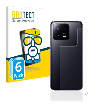 Front side of a product packaging with the brand logo BROTECT. Next to it is the device Xiaomi 13 (Back) shown with the corres