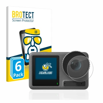 Front side of a product packaging with the brand logo BROTECT. Next to it is the device DJI Osmo Action 3 (Lens) shown with th
