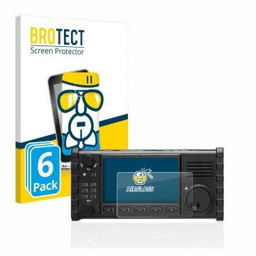 Front side of a product packaging with the brand logo BROTECT. Next to it is the device Xiegu X6100 HF-Transceiver shown with 