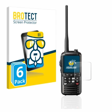 Front side of a product packaging with the brand logo BROTECT. Next to it is the device Standard Horizon HX890 shown with the 