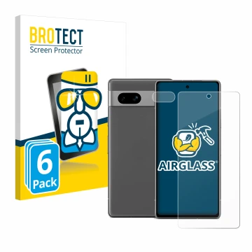 Front side of a product packaging with the brand logo BROTECT. Next to it is the device Google Pixel 7a (Front+Camera) shown w
