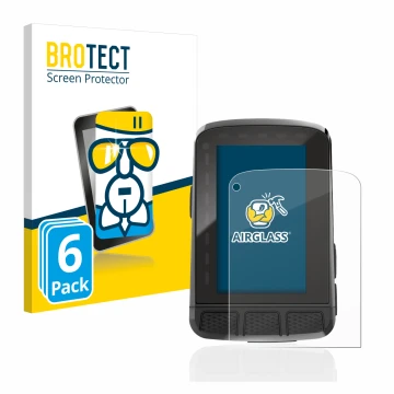 Front side of a product packaging with the brand logo BROTECT. Next to it is the device Wahoo Elemnt Roam 2 shown with the cor