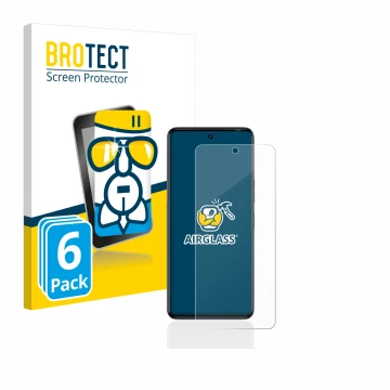 Front side of a product packaging with the brand logo BROTECT. Next to it is the device Tecno Camon 20 shown with the correspo