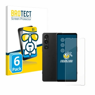 Front side of a product packaging with the brand logo BROTECT. Next to it is the device Sony Xperia 1 V (Front+Camera) shown w