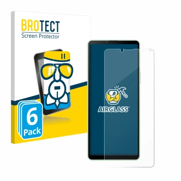Front side of a product packaging with the brand logo BROTECT. Next to it is the device Sony Xperia 10 V shown with the corres