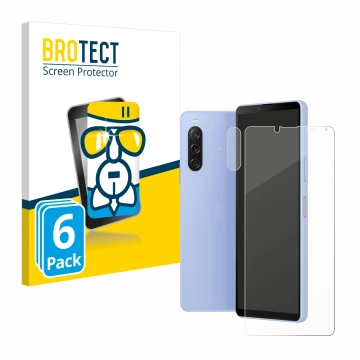 Front side of a product packaging with the brand logo BROTECT. Next to it is the device Sony Xperia 10 V (Front+Camera) shown 