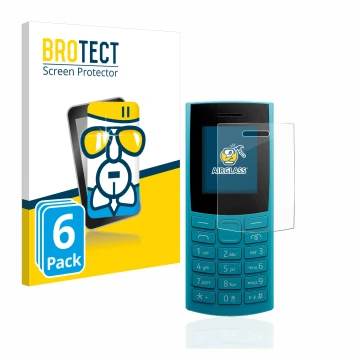 Front side of a product packaging with the brand logo BROTECT. Next to it is the device Nokia 105 4G (2023) shown with the cor