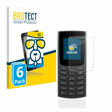 Front side of a product packaging with the brand logo BROTECT. Next to it is the device Nokia 105 (2023) shown with the corres