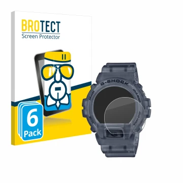 Front side of a product packaging with the brand logo BROTECT. Next to it is the device Casio G-Shock DW-6900 shown with the c