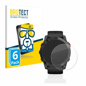 Front side of a product packaging with the brand logo BROTECT. Next to it is the device Garmin Fenix 7X Pro Solar (51 mm) show