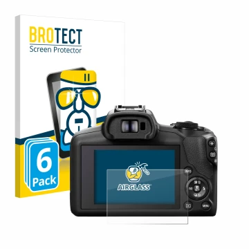 Front side of a product packaging with the brand logo BROTECT. Next to it is the device Canon EOS R100 shown with the correspo