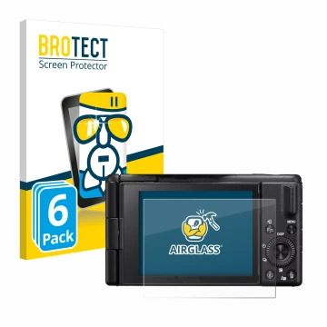Front side of a product packaging with the brand logo BROTECT. Next to it is the device Sony ZV-1M2 shown with the correspondi