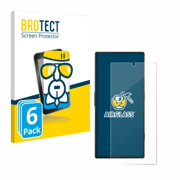 Front side of a product packaging with the brand logo BROTECT. Next to it is the device ZTE Nubia Red Magic 8S Pro shown with 