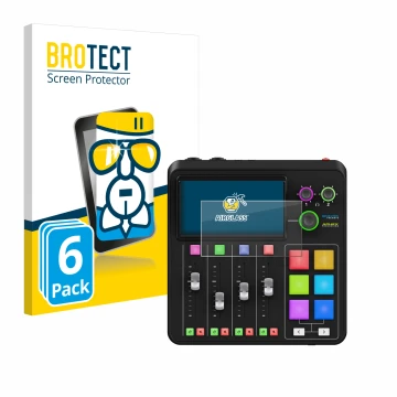 Front side of a product packaging with the brand logo BROTECT. Next to it is the device Rode Rodecaster Duo shown with the cor