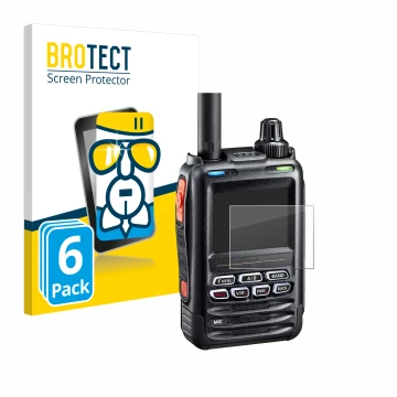 Front side of a product packaging with the brand logo BROTECT. Next to it is the device Yaesu FT-5DE/DR shown with the corresp