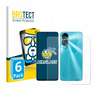Front side of a product packaging with the brand logo BROTECT. Next to it is the device Honor 90 Lite (Front+Back) shown with 