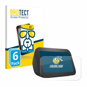 Front side of a product packaging with the brand logo BROTECT. Next to it is the device Amazon Echo Show 5 (3th Gen.) shown wi