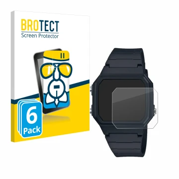 Front side of a product packaging with the brand logo BROTECT. Next to it is the device Casio W-217H-1AVCF shown with the corr