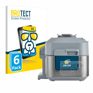 Front side of a product packaging with the brand logo BROTECT. Next to it is the device Ninja Speedi Rapid Cooking System show