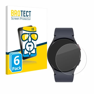 Front side of a product packaging with the brand logo BROTECT. Next to it is the device Samsung Galaxy Watch 6 (44 mm) shown w