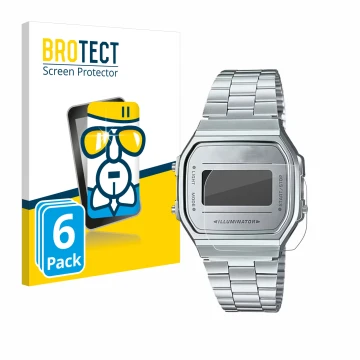Front side of a product packaging with the brand logo BROTECT. Next to it is the device Casio A168WEM-7EF shown with the corre