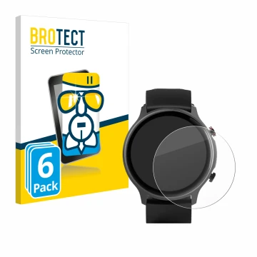 Front side of a product packaging with the brand logo BROTECT. Next to it is the device Hama Fit Watch 6910 shown with the cor