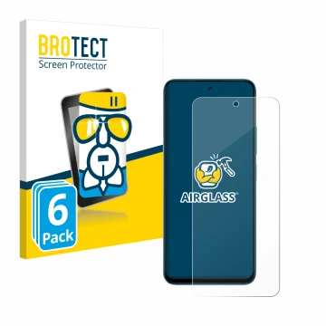 Front side of a product packaging with the brand logo BROTECT. Next to it is the device Xiaomi Poco M6 Pro 5G shown with the c