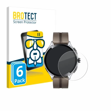 Front side of a product packaging with the brand logo BROTECT. Next to it is the device Xiaomi Watch 2 Pro shown with the corr
