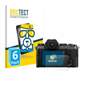 Front side of a product packaging with the brand logo BROTECT. Next to it is the device Fujifilm X-S20 shown with the correspo