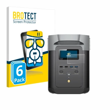 Front side of a product packaging with the brand logo BROTECT. Next to it is the device EcoFlow DELTA 2 shown with the corresp