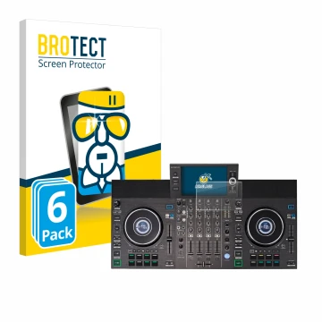 Front side of a product packaging with the brand logo BROTECT. Next to it is the device Denon DJ SC LIVE 4 shown with the corr