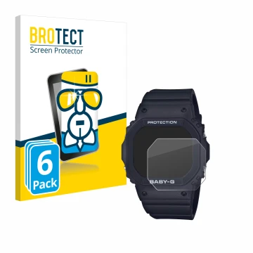 Front side of a product packaging with the brand logo BROTECT. Next to it is the device Casio Baby-G BGD-565 shown with the co