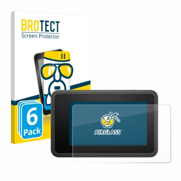 Front side of a product packaging with the brand logo BROTECT. Next to it is the device DJI Osmo Action 4 shown with the corre