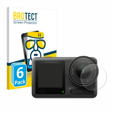Front side of a product packaging with the brand logo BROTECT. Next to it is the device DJI Osmo Action 4 (Lens) shown with th
