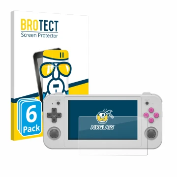 Front side of a product packaging with the brand logo BROTECT. Next to it is the device Anbernic RG505 shown with the correspo