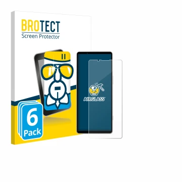 Front side of a product packaging with the brand logo BROTECT. Next to it is the device Sony Xperia 5 V shown with the corresp